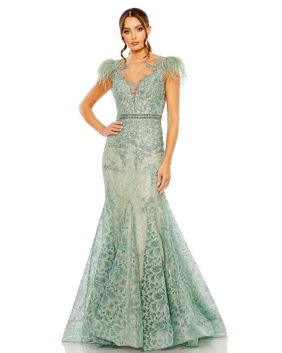 Cap Sleeve, Illusion Neck Beaded Gown